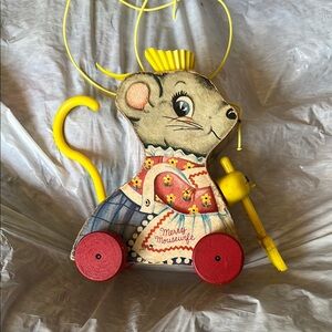 Vintage Mouse Pull Toy with Red Wheels